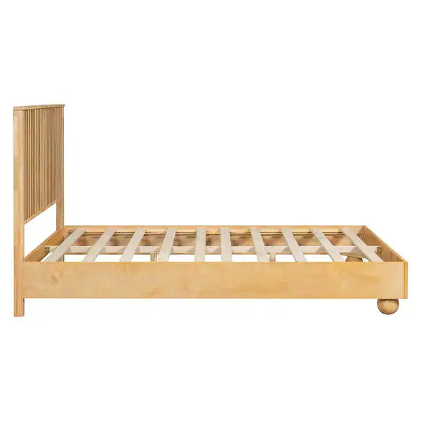 Wooden bed frame with vertical slat headboard
