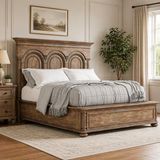 Rustic wooden bed frame with carved headboard