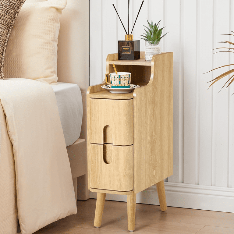 Natural wood bedside table interior setup