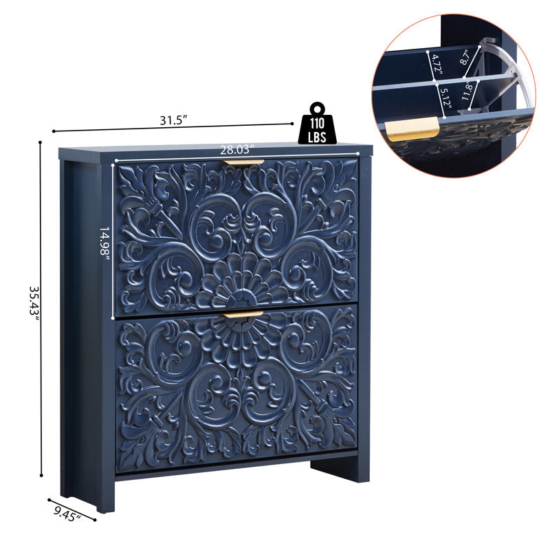 Hand-carved navy blue teak wood chest of drawers