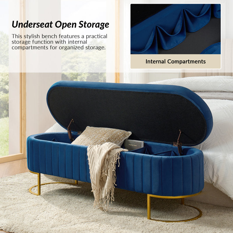 Channel tufted blue storage bench with metal legs