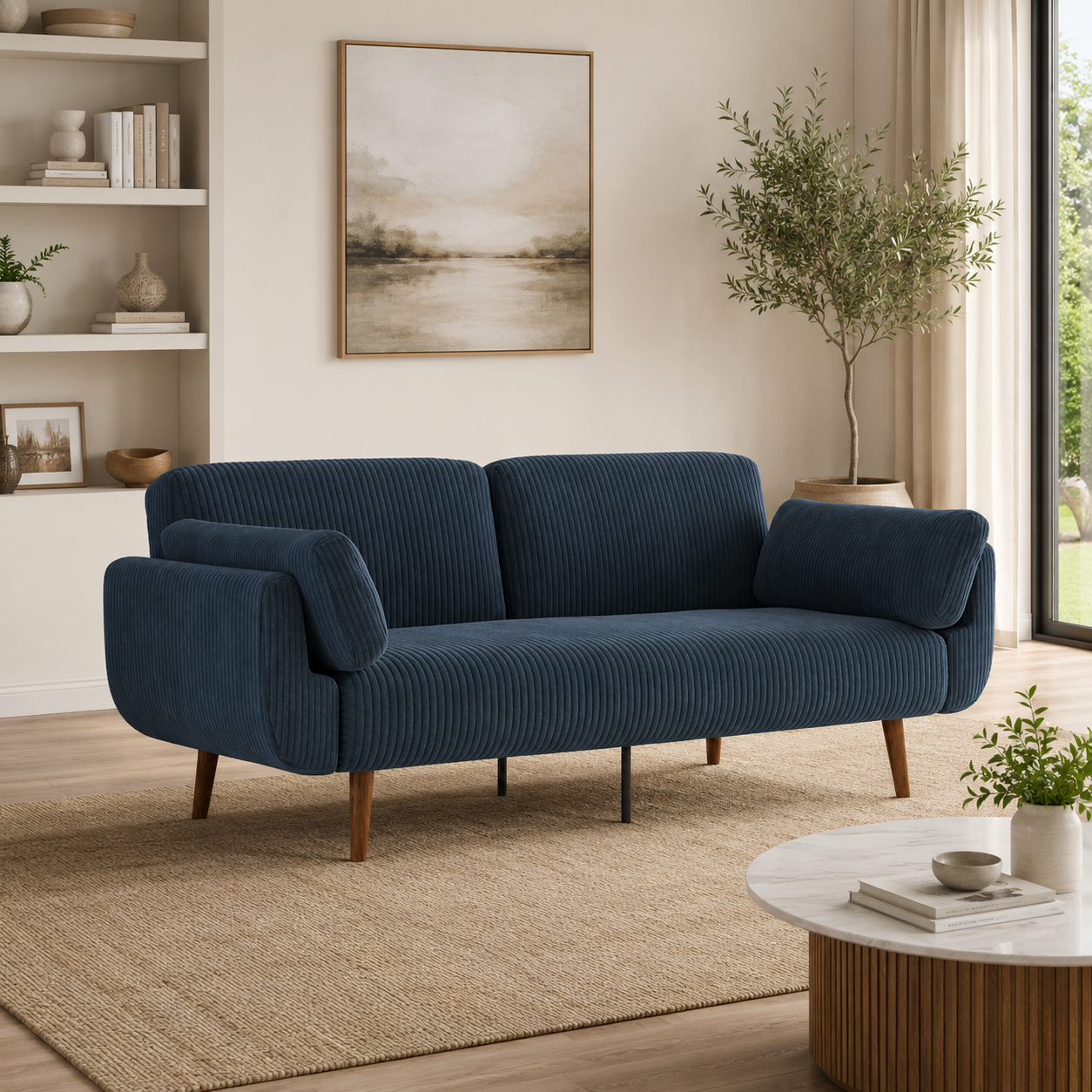 Modern blue corduroy teak wood 3 seater sofa for living room