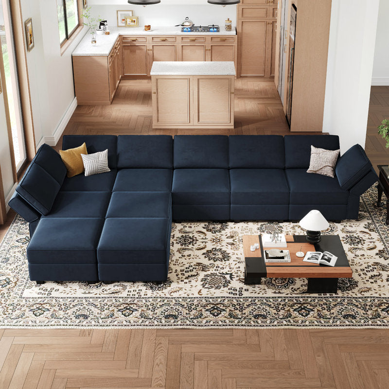 Elegant navy blue fabric sectional sofa
