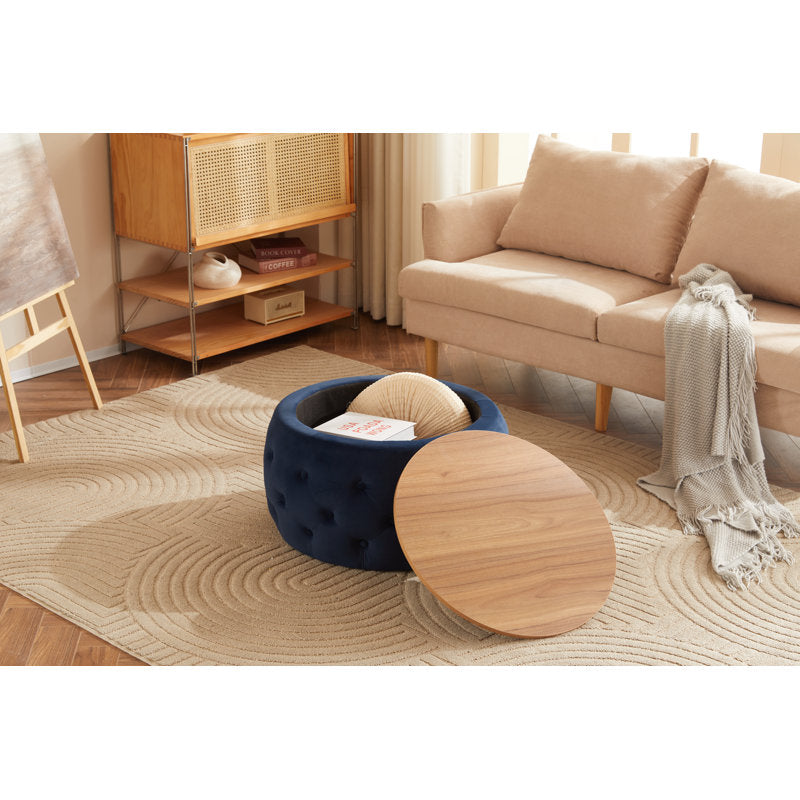 Upholstered navy blue ottoman with wooden tabletop