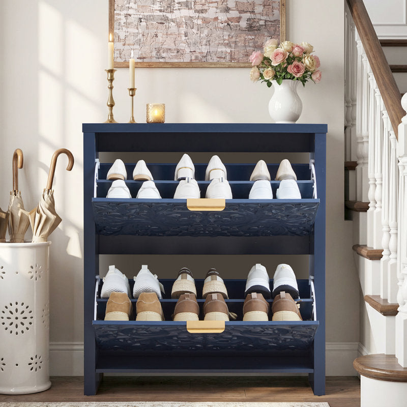 Solid teak wood navy blue drawer chest for entryway