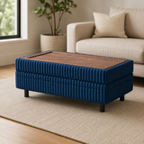 Navy blue upholstered teak wood storage coffee table