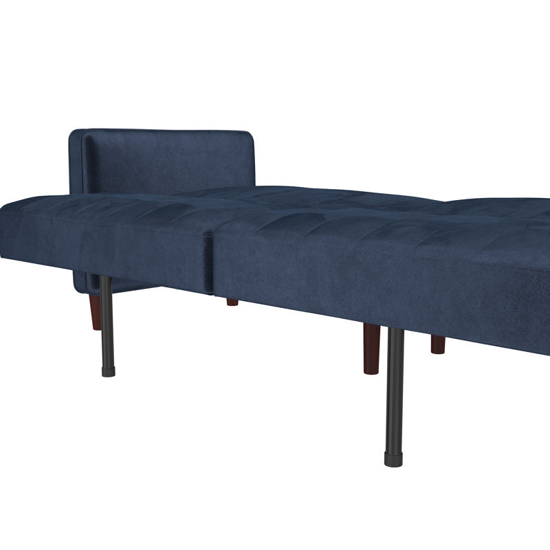 Channel tufted blue sofa with teak wood construction