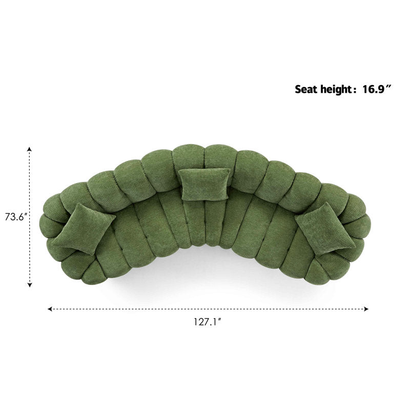 Teak wood curved cloud sofa with olive green bouclé upholstery
