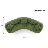 Teak wood curved cloud sofa with olive green bouclé upholstery