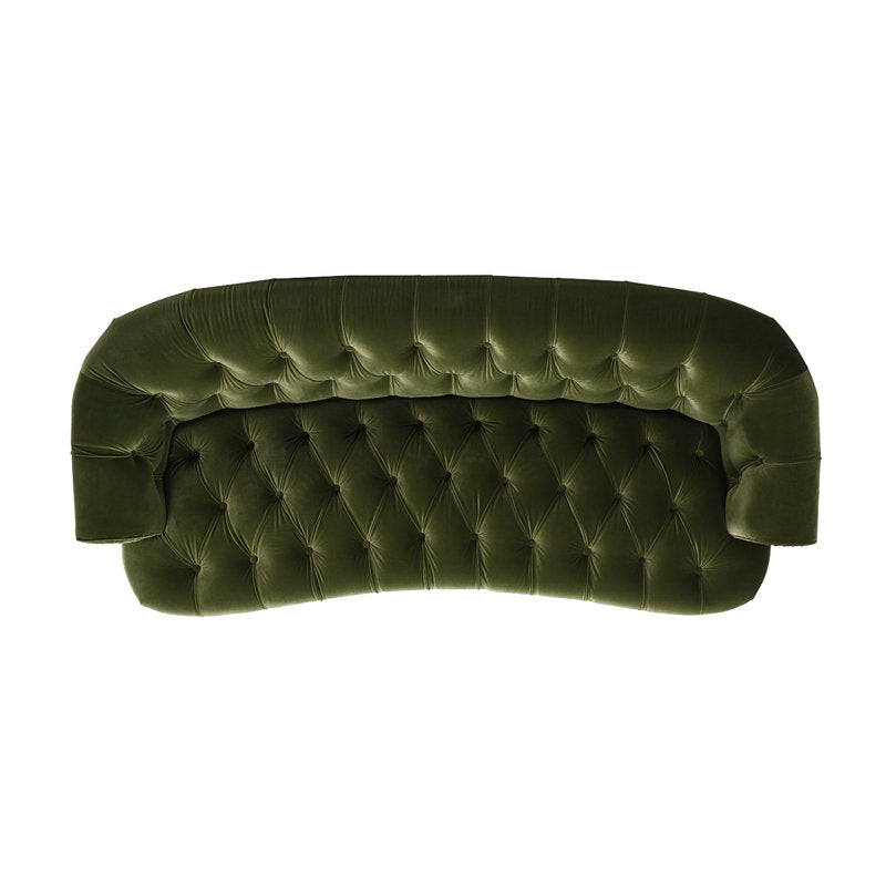 Deep button tufted green sofa with rolled arms