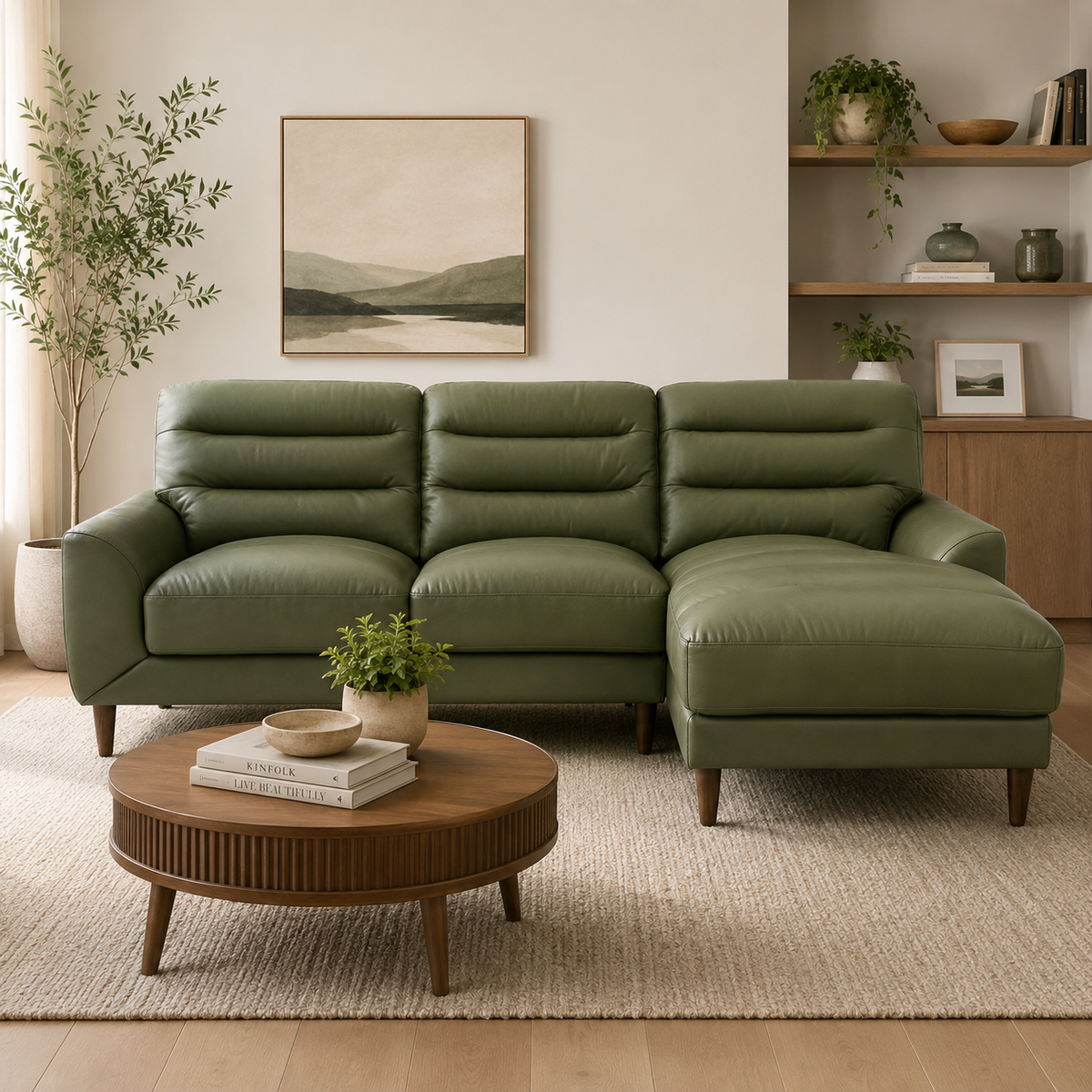 Olive Green L Shape Leather Sofa with Solid Teak Wood Frame
