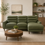 Olive Green L Shape Leather Sofa with Solid Teak Wood Frame