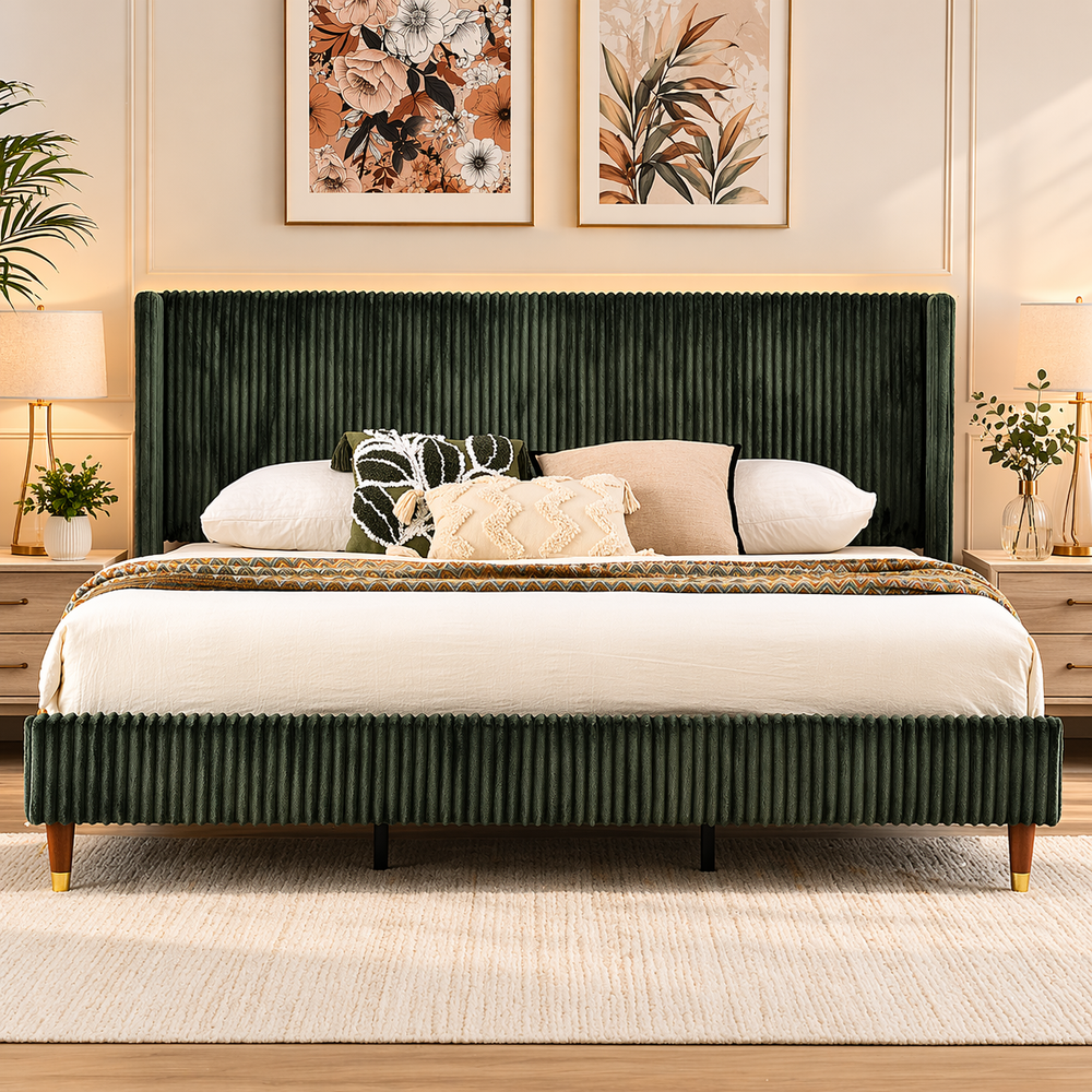 olive green upholstered bed with teak wood frame
