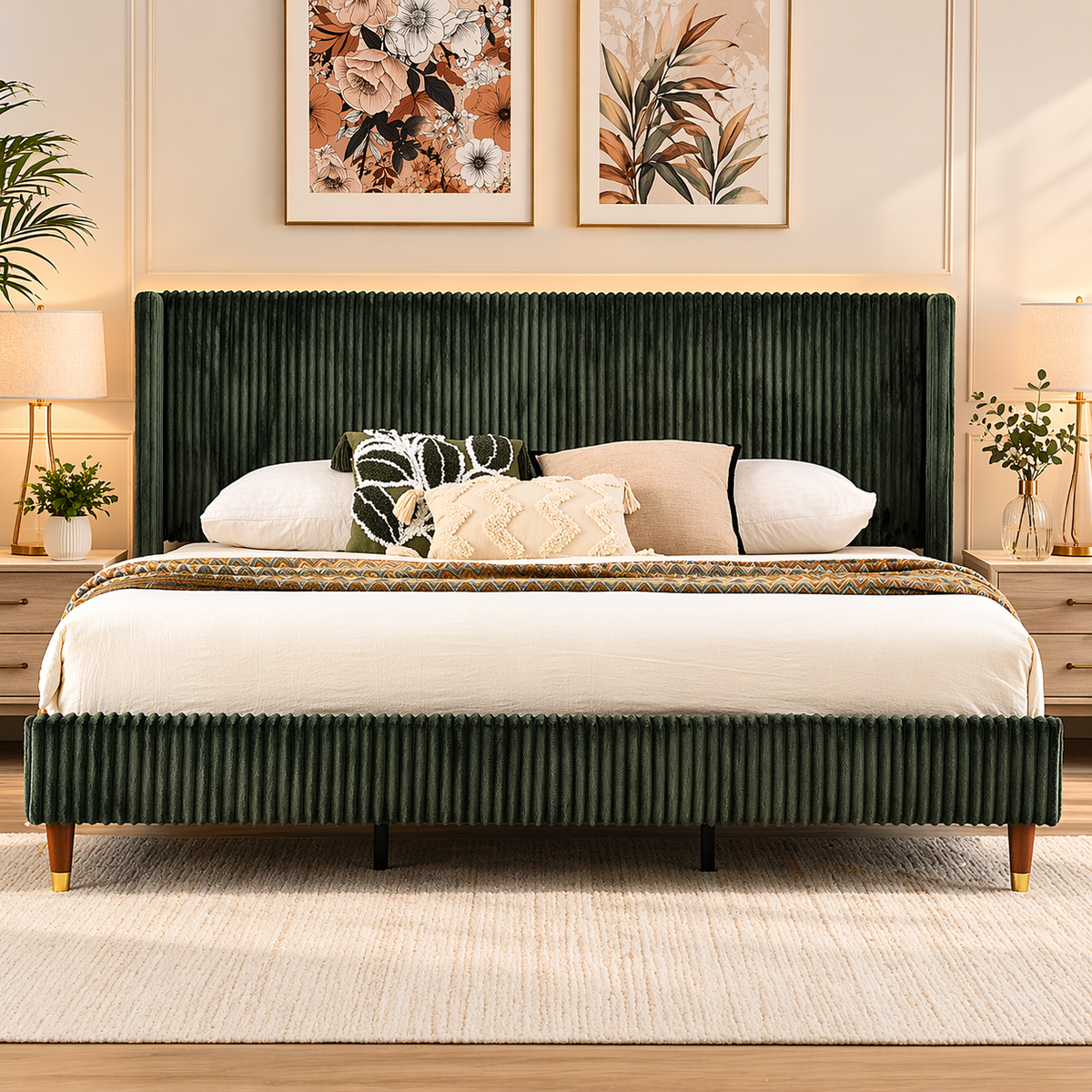 olive green upholstered bed with teak wood frame
