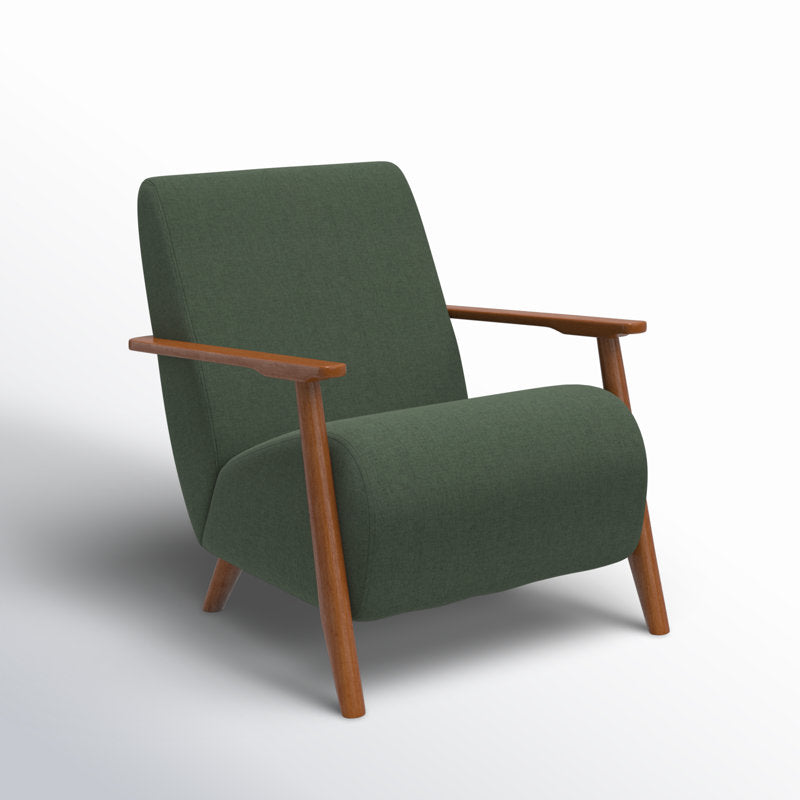 Green upholstered lounge chair with teak wood arms