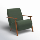 Green upholstered lounge chair with teak wood arms