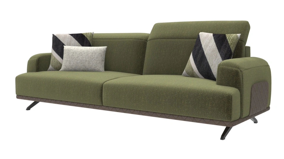 Premium teak wood sofa with olive green velvet upholstery