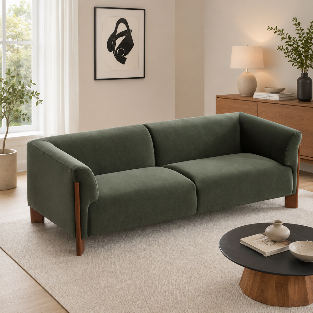 Olive green velvet 3-seater sofa with solid teak wood legs in a modern living room