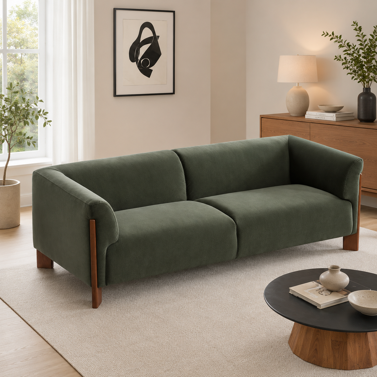 Olive green velvet 3-seater sofa with solid teak wood legs in a modern living room