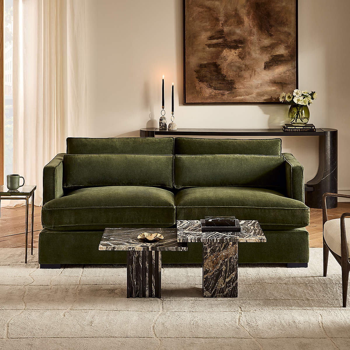 Luxury teak wood living room sofa in olive green