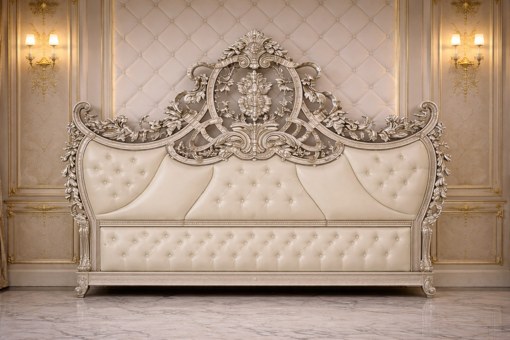 Ornate hand carved king bed headboard detail with premium silver finish and classic European design