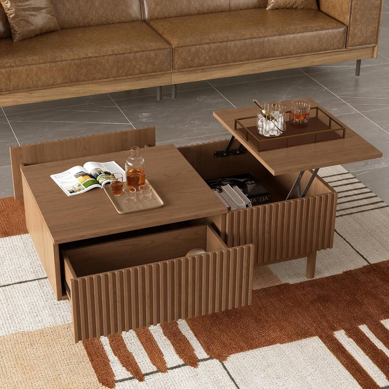 Minimalist fluted wood coffee table with open storage shelf