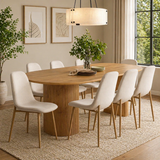 Modern oval wooden dining table with upholstered chairs
