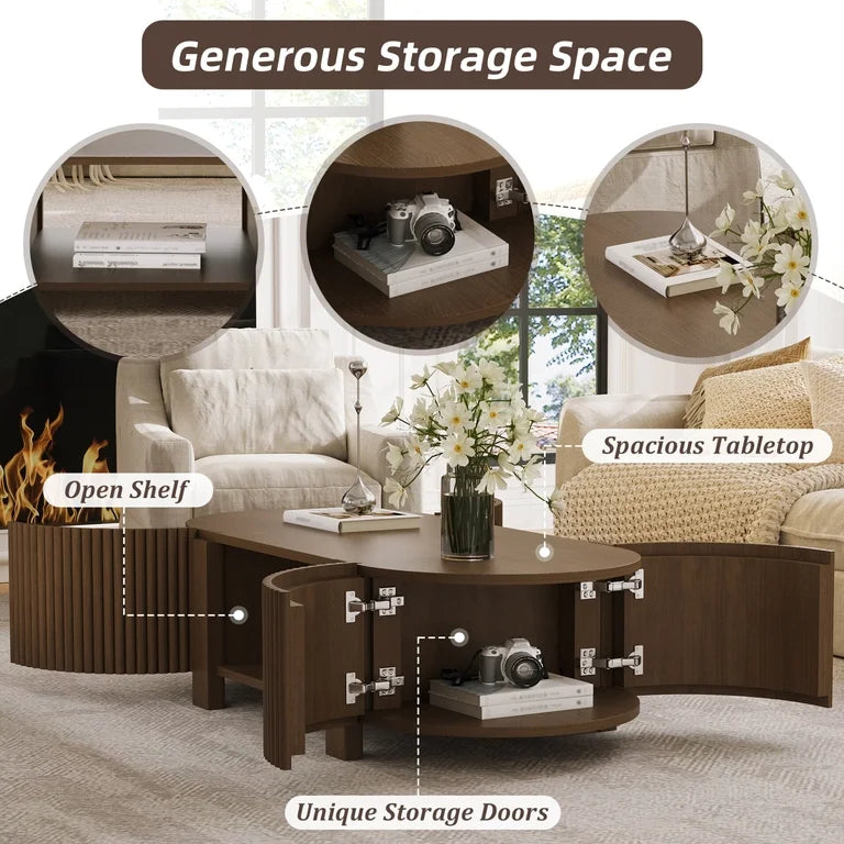Oval wood coffee table with storage shelf in modern minimalist home