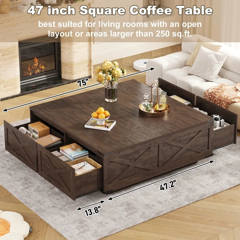 Oversized farmhouse coffee table with decorative cross panel design