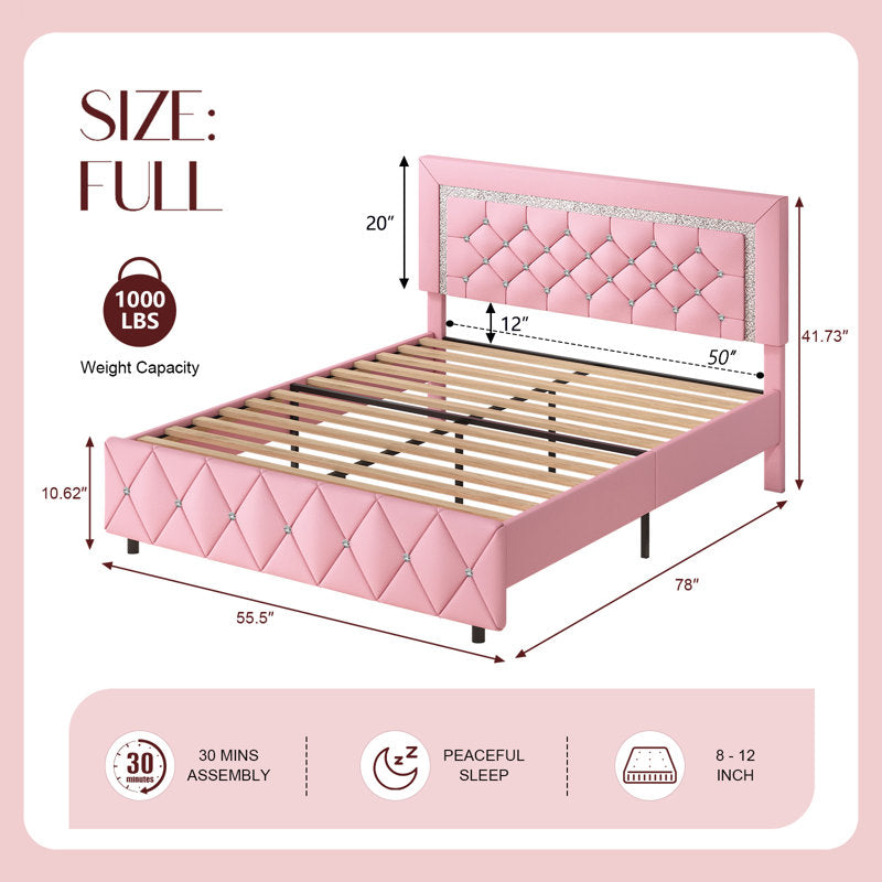 Glamorous pink velvet platform bed with teak wood frame