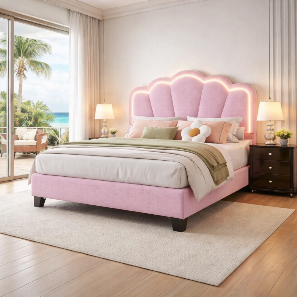 Pink LED upholstered bed with scalloped headboard