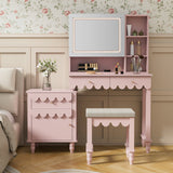 Modern pink vanity table with illuminated mirror and stool