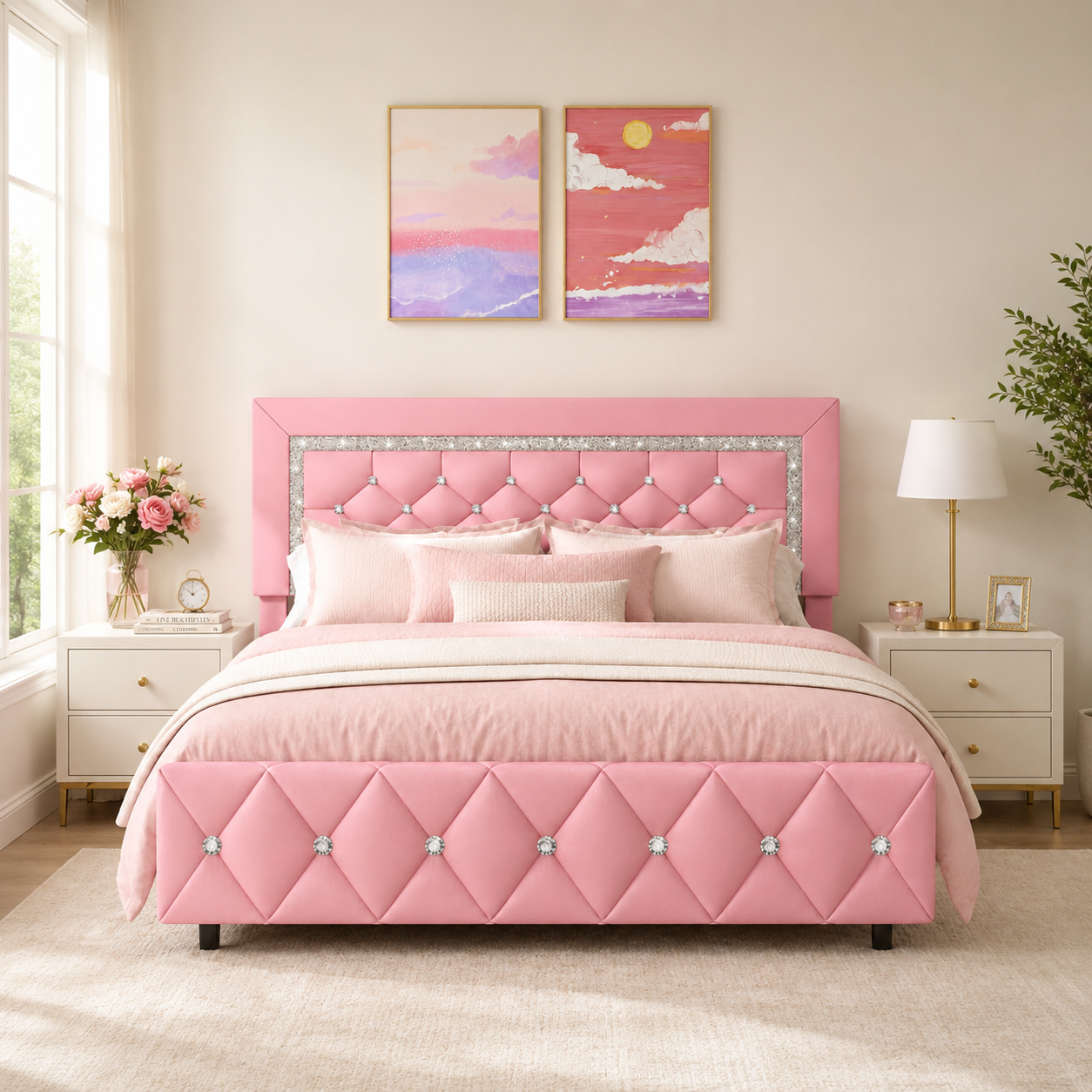 Pink velvet teak wood bed with crystal tufted headboard