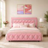 Pink velvet teak wood bed with crystal tufted headboard