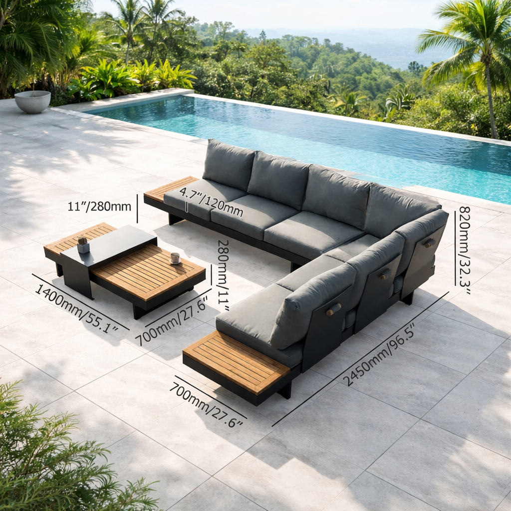 outdoor garden sofa aluminum frame wood accents
