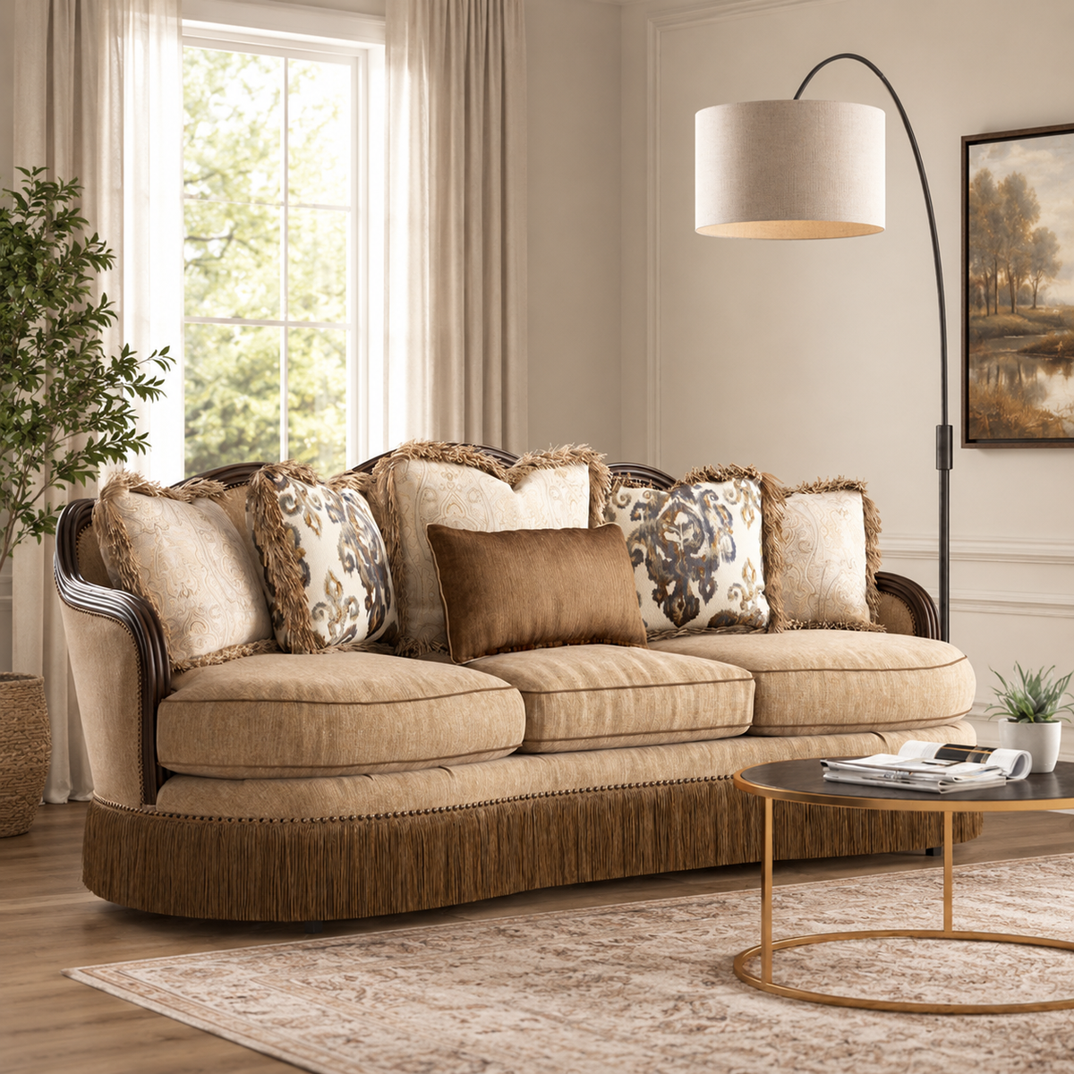 Luxury teak wood sofa with premium beige cushions for living room