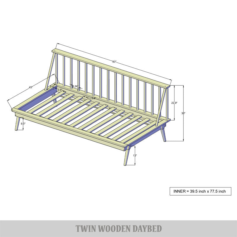 Minimalist wooden bed with slatted headboard