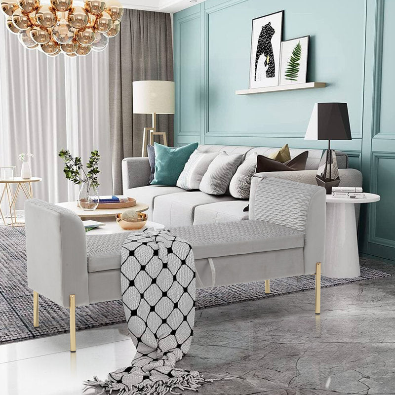 Grey fabric storage bench with gold metal legs