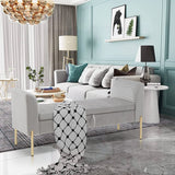 Grey fabric storage bench with gold metal legs