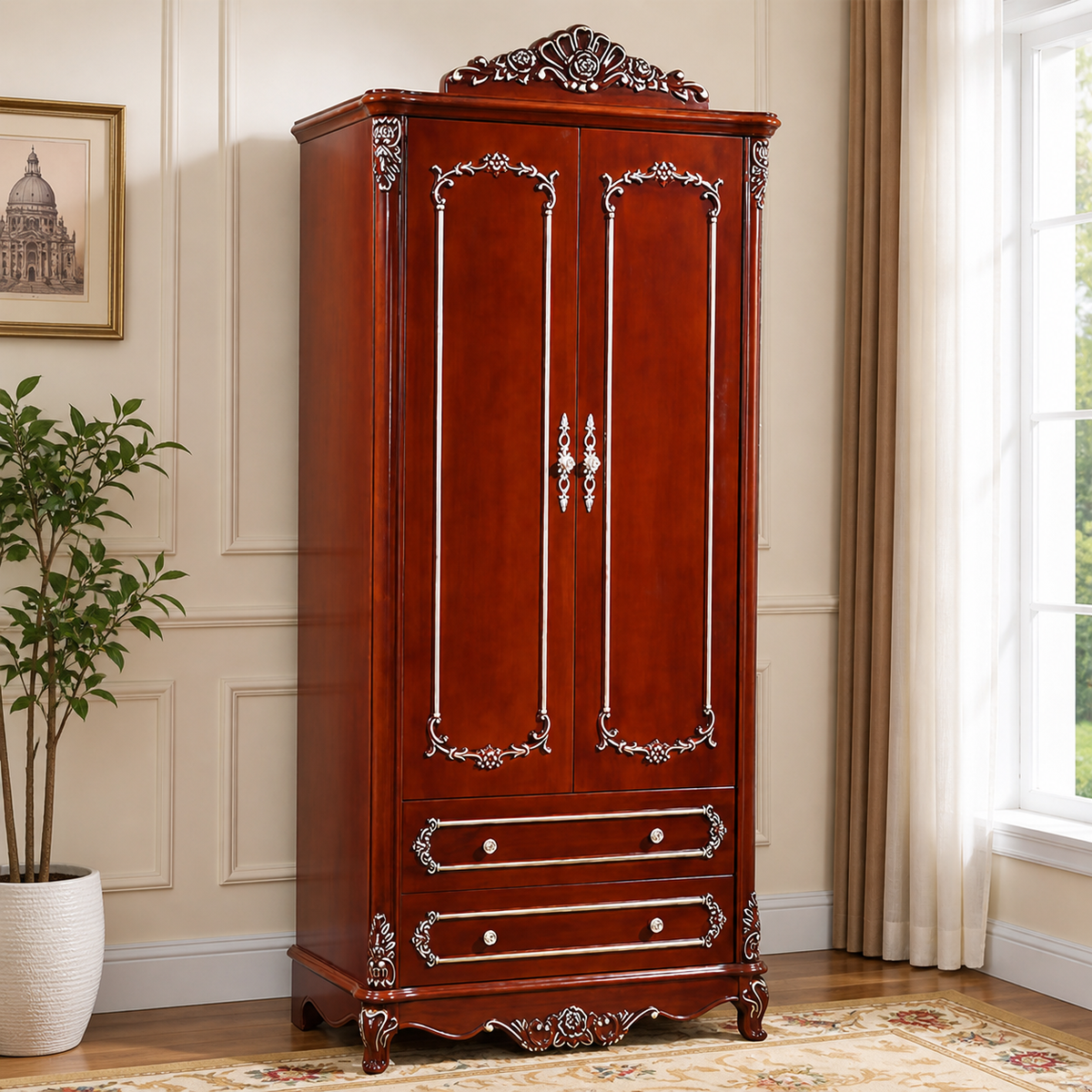 Luxury teak wood 2 door wardrobe with drawers by Sky Rise Decor
