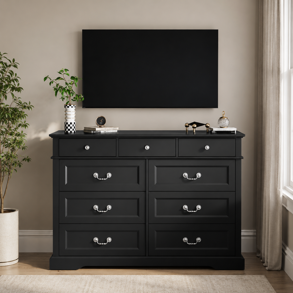 Black Teak Wood 9 Drawer Dresser | Solid Teak Storage Cabinet