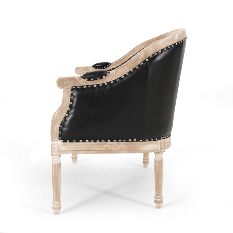 Vintage style black upholstered teak wood accent sofa