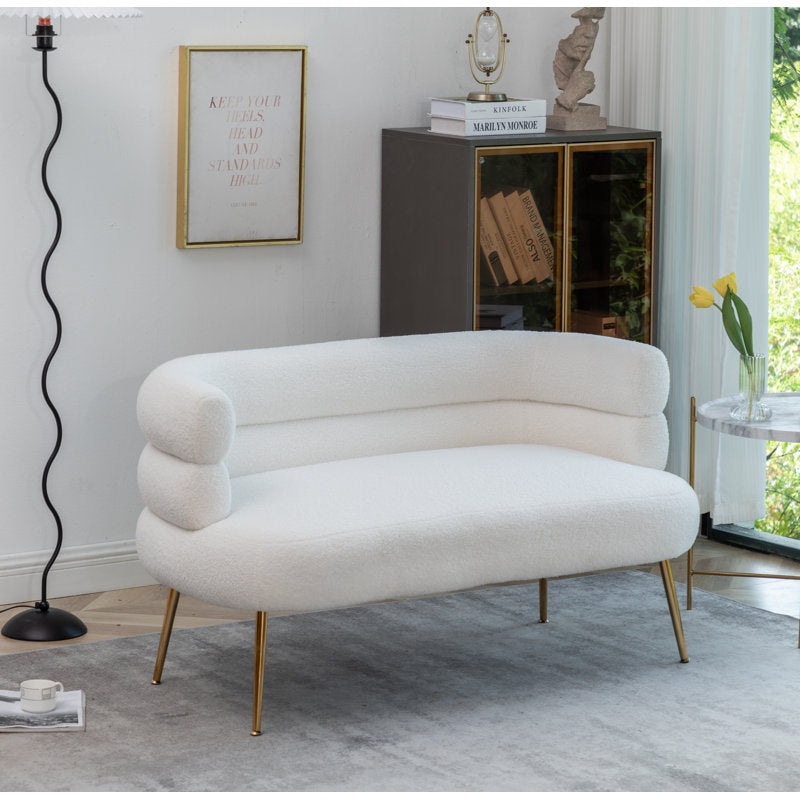 Luxury white upholstered loveseat sofa in solid teak wood