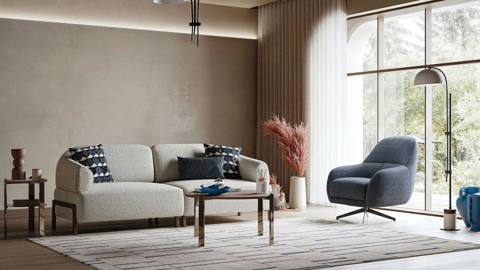 High-end cream boucle sofa with teak wood structure