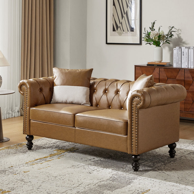 Handmade teak wood Chesterfield 2 seater leather sofa