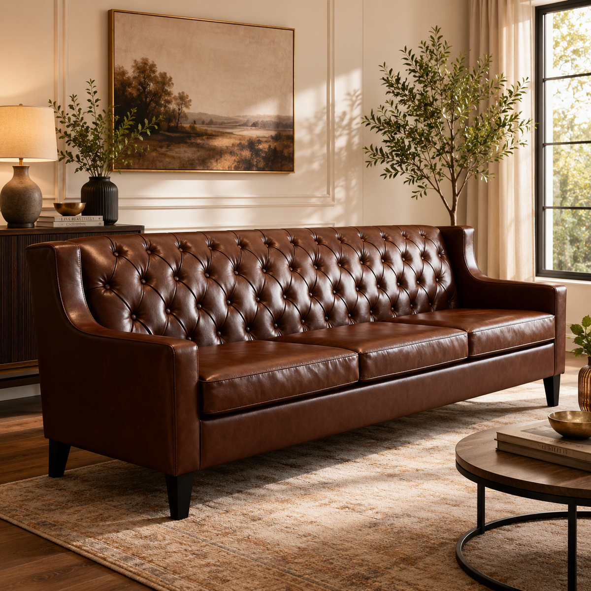 Premium brown Chesterfield sofa with solid teak wood frame