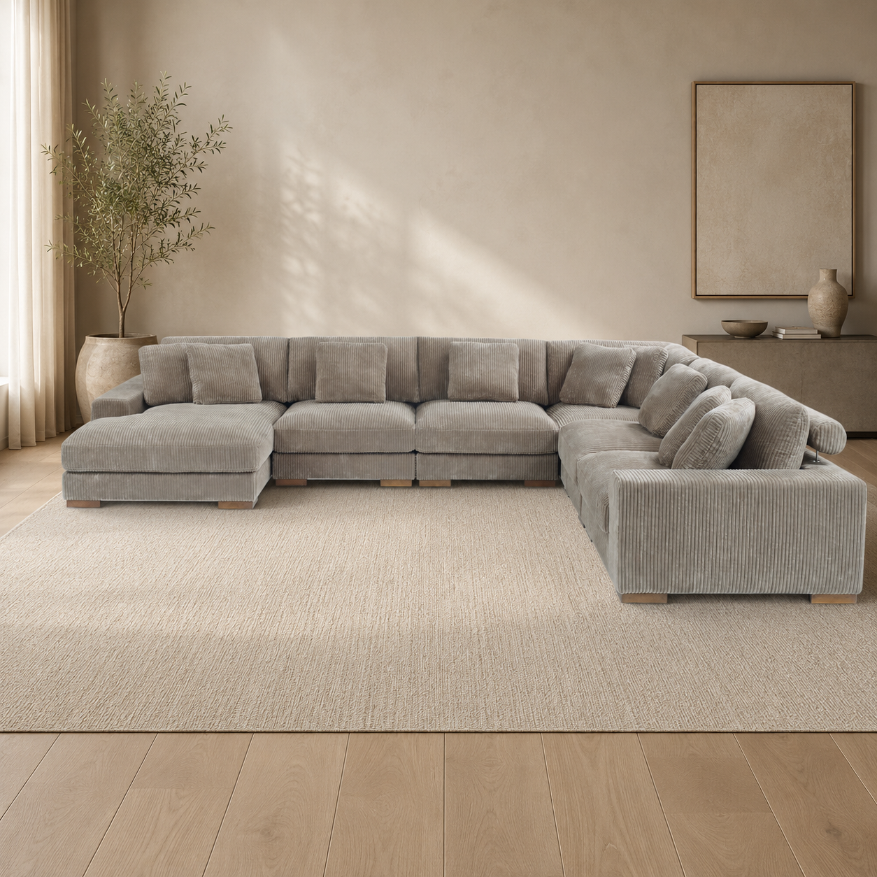 Luxury U-shaped teak wood sectional sofa in beige corduroy fabric
