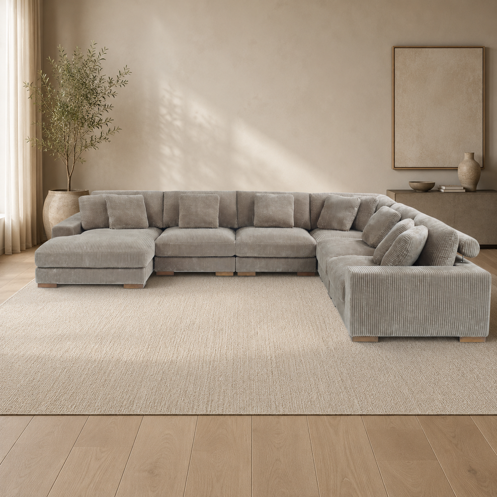 Luxury U-shaped teak wood sectional sofa in beige corduroy fabric
