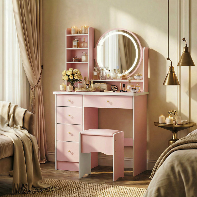 Premium Dressing Table with LED Round Mirror & Storage Drawers | Modern Bedroom Vanity by Sky Rise Decor