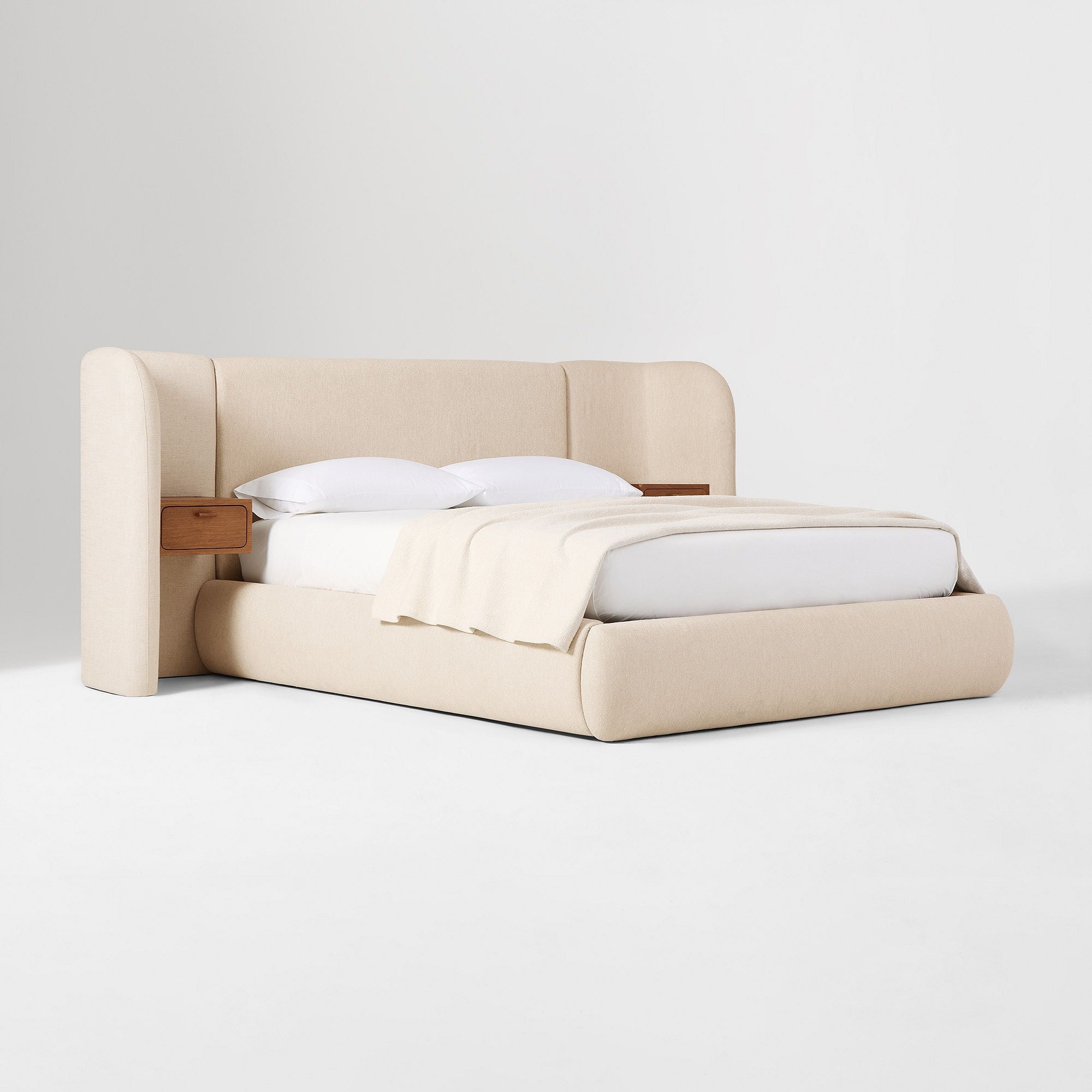 Modern curved upholstered teak wood bed